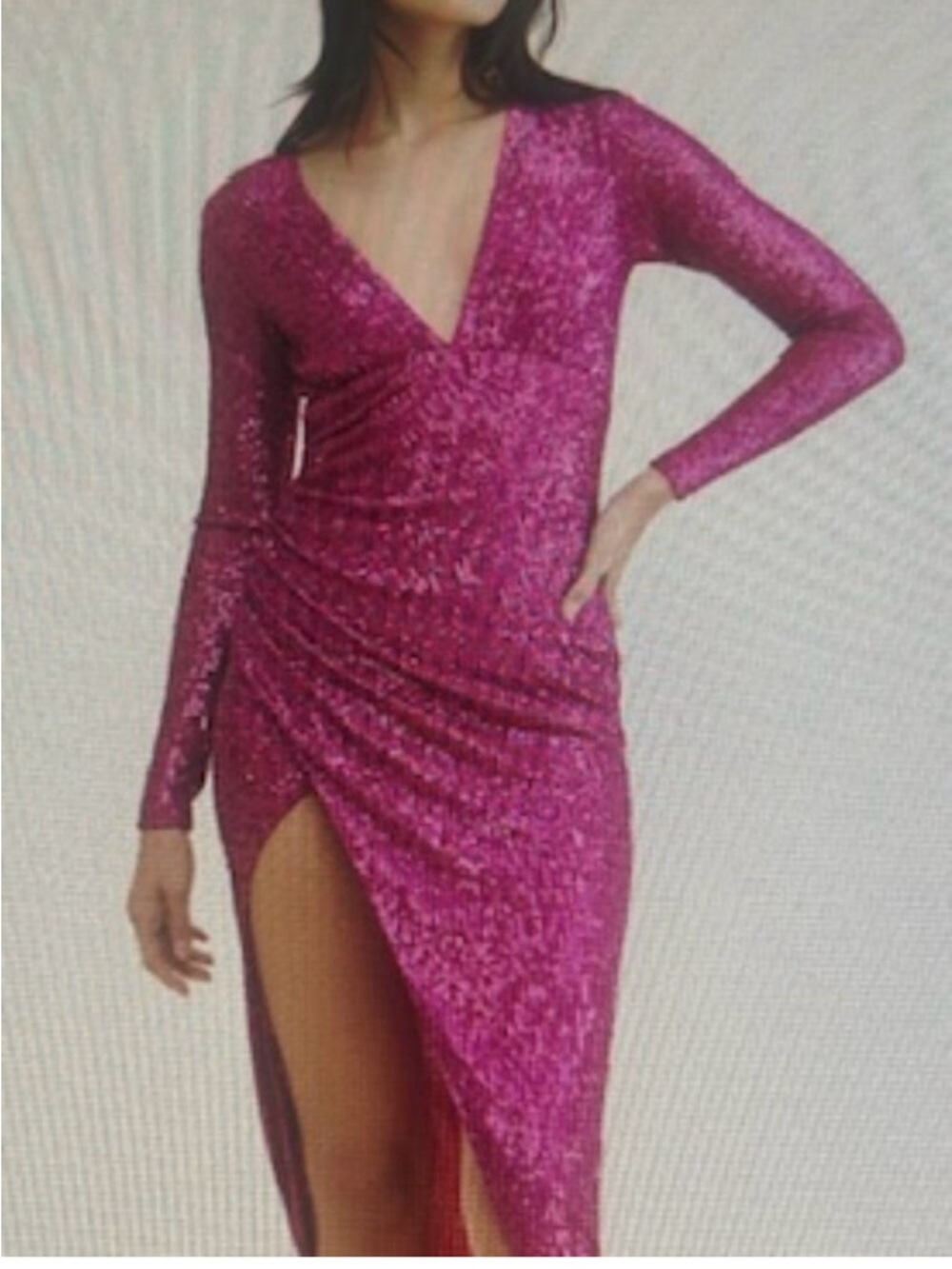 Long Sleeve Sequin Wrap Midi Dress in Fuchsia Pink